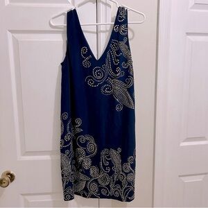 Trina Turk Silk Navy w/ Gold Embellishments Sheath V-Neck Dress Size 6